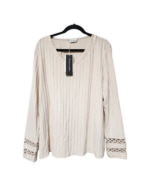 Prettygarden Womens Cream V-Neck Ribbed Long Sleeve Top Size XXL Crochet Sleeve